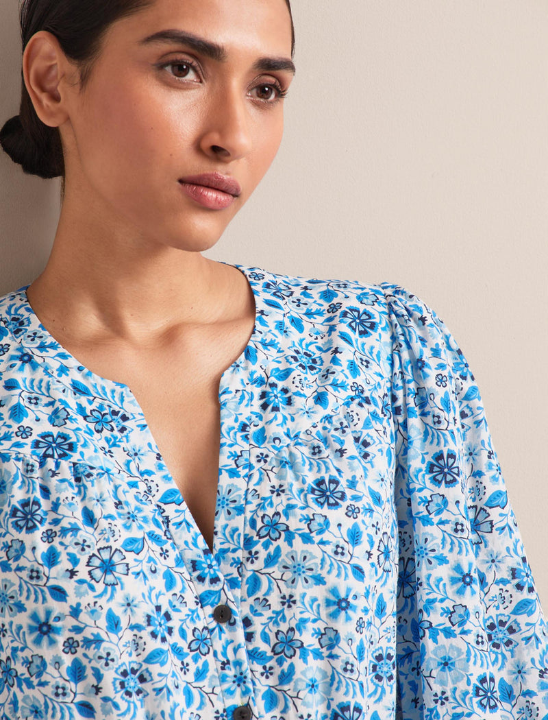 Aspen Cotton Blend Maxi Dress - White Blue Ditsy Carnation Print