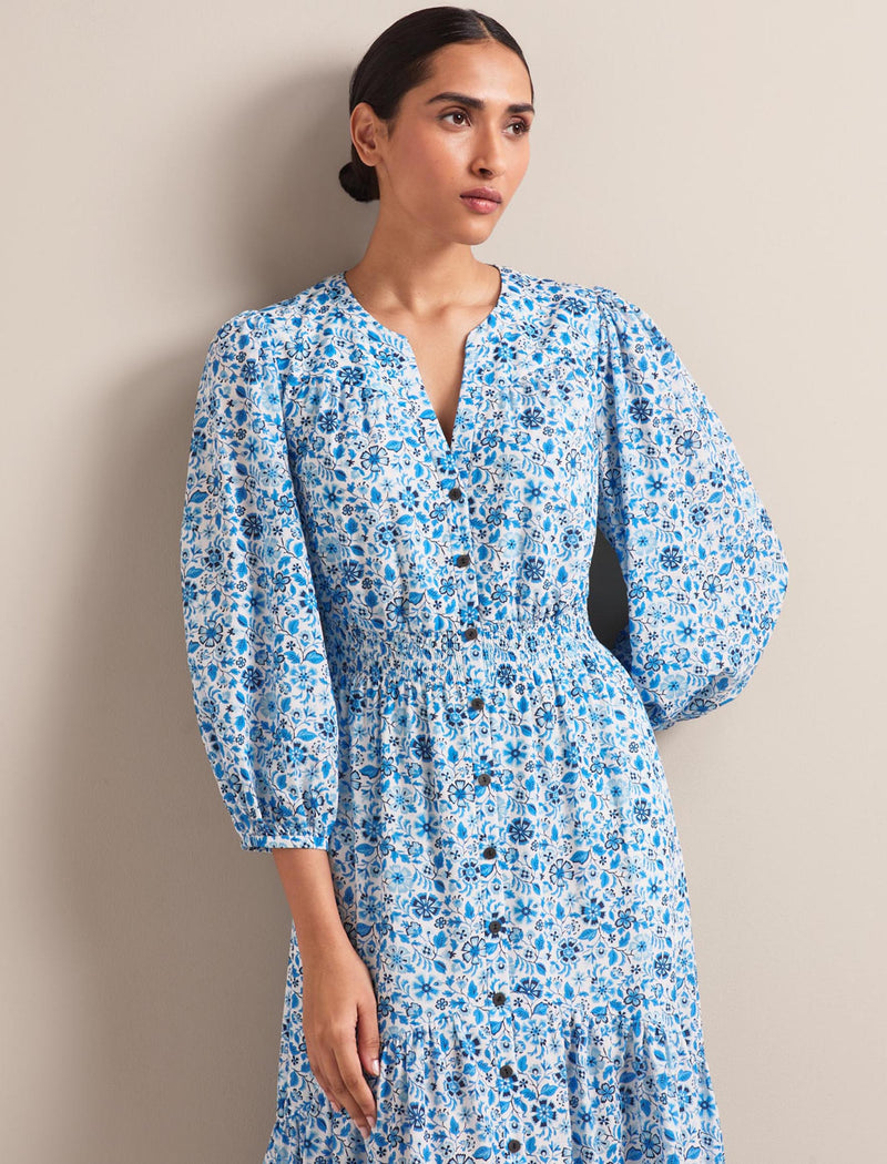 Aspen Cotton Blend Maxi Dress - White Blue Ditsy Carnation Print