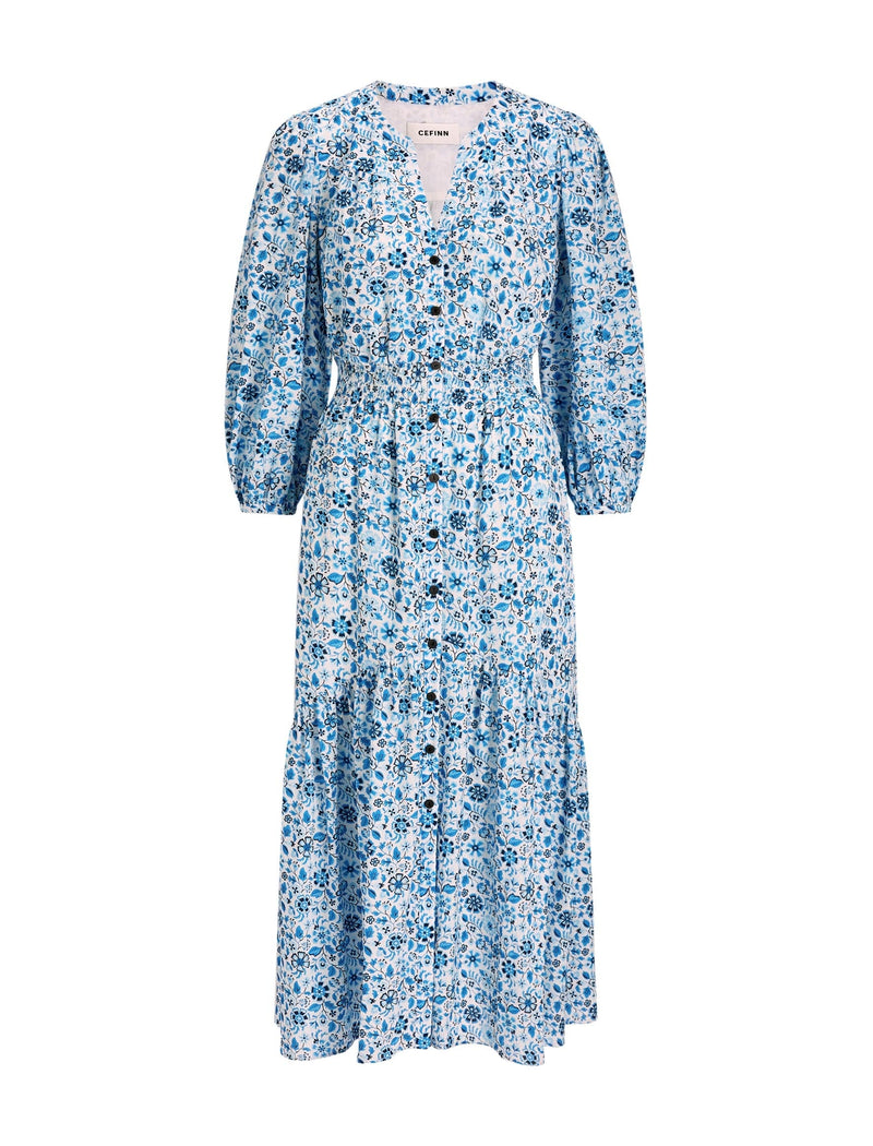 Aspen Cotton Blend Maxi Dress - White Blue Ditsy Carnation Print