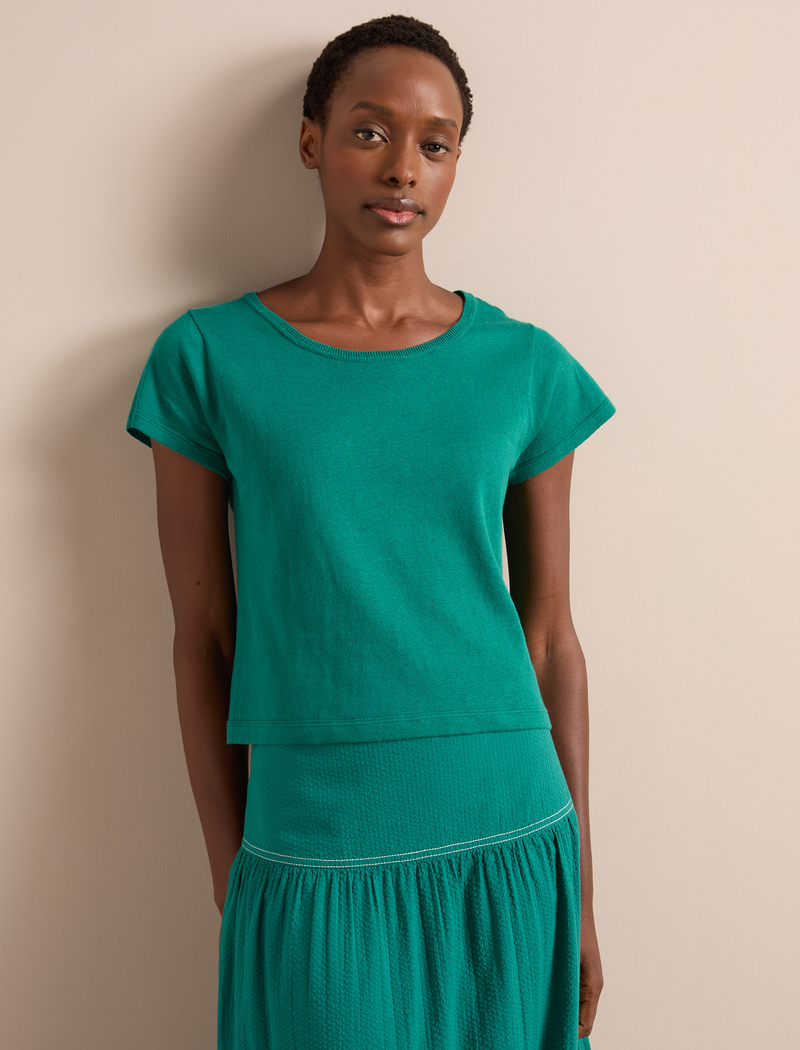 Madison Linen Blend Round Neck Knit T-Shirt - Mid Green