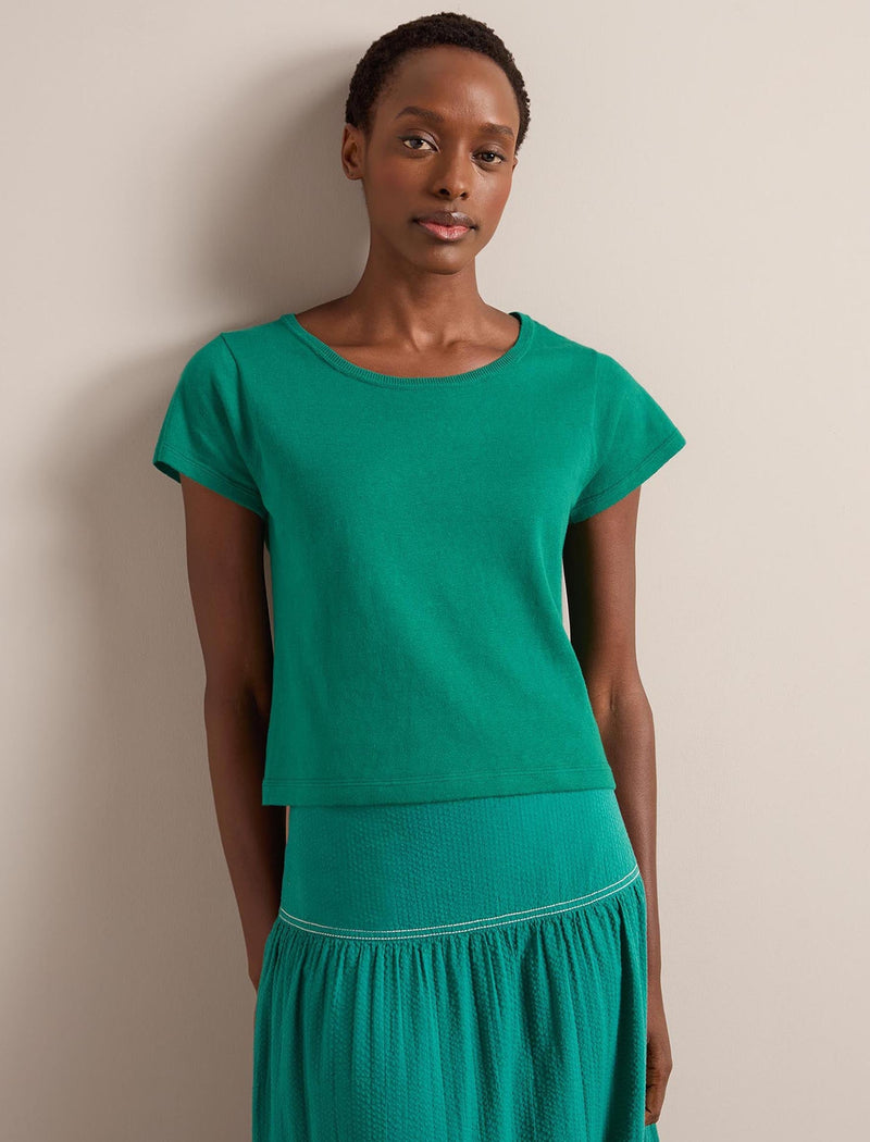 Madison Linen Blend Round Neck Knit T-Shirt - Mid Green