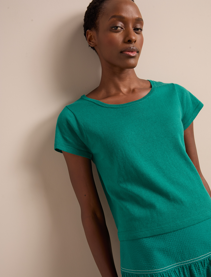 Madison Linen Blend Round Neck Knit T-Shirt - Mid Green