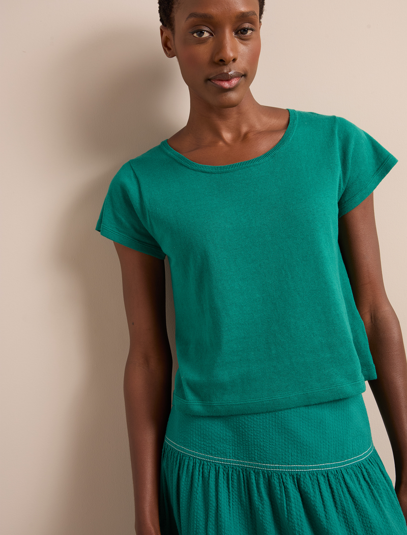 Madison Linen Blend Round Neck Knit T-Shirt - Mid Green