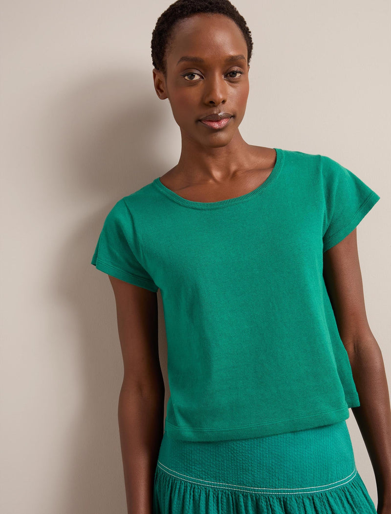 Madison Linen Blend Round Neck Knit T-Shirt - Mid Green