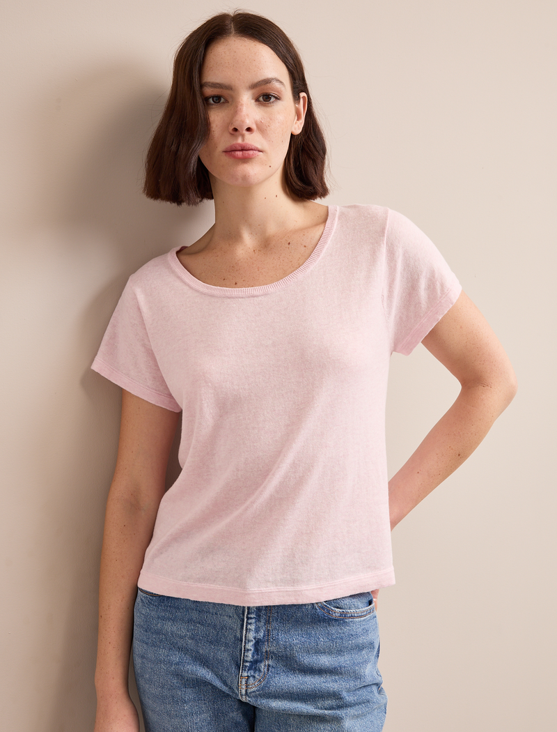 Madison Linen Blend Round Neck Knit T-Shirt - Pale Pink