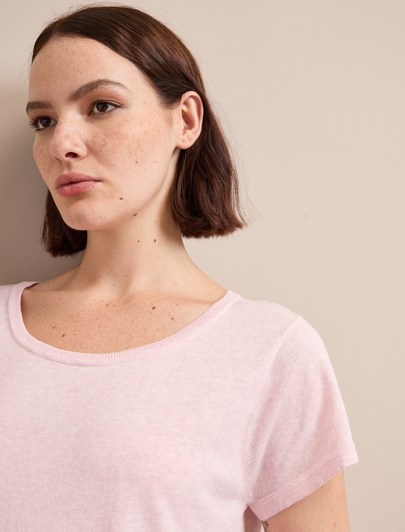 Madison Linen Blend Round Neck Knit T-Shirt - Pale Pink