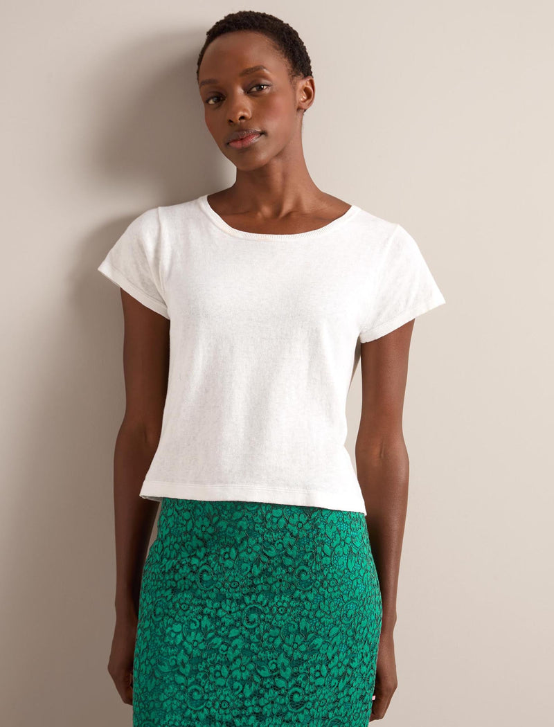 Madison Linen Blend Round Neck Knit T-Shirt - White