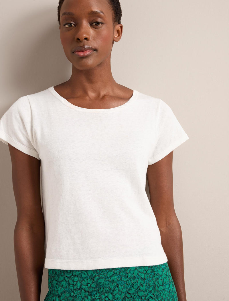 Madison Linen Blend Round Neck Knit T-Shirt - White
