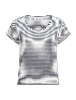 Madison Linen Blend Round Neck Knit T-Shirt - White Navy Stripe