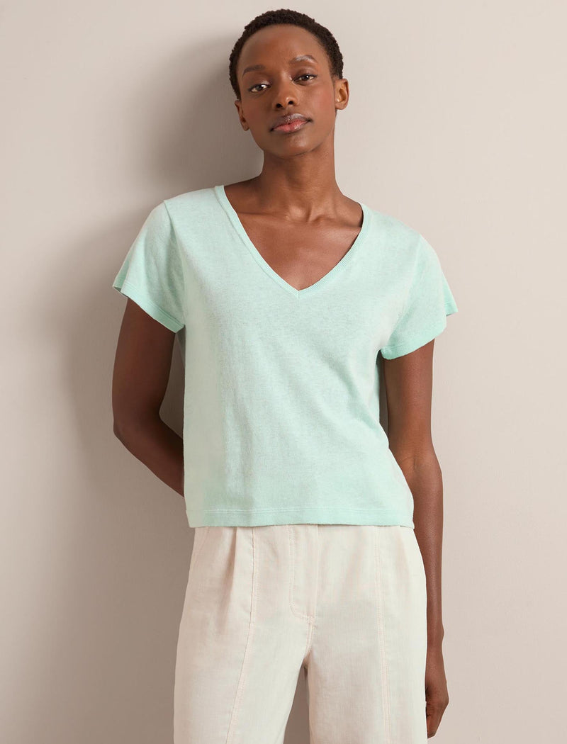 Madison Linen Blend V Neck Knit T-Shirt - Mint