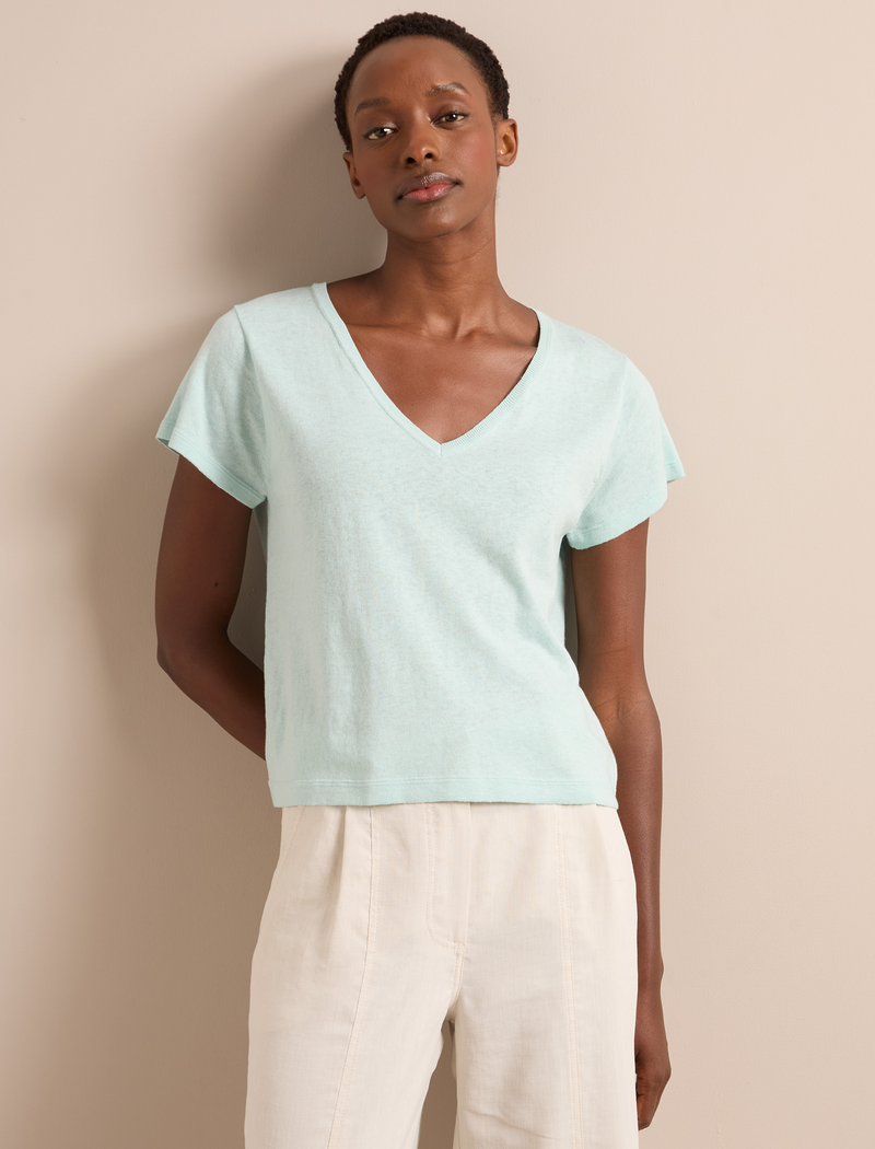 Madison Linen Blend V Neck Knit T-Shirt - Mint