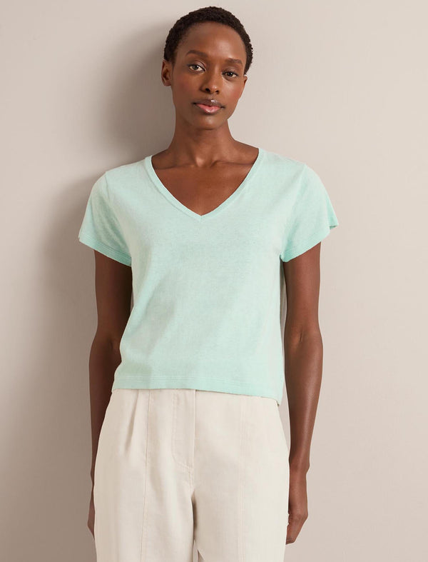 Madison Linen Blend V Neck Knit T-Shirt - Mint