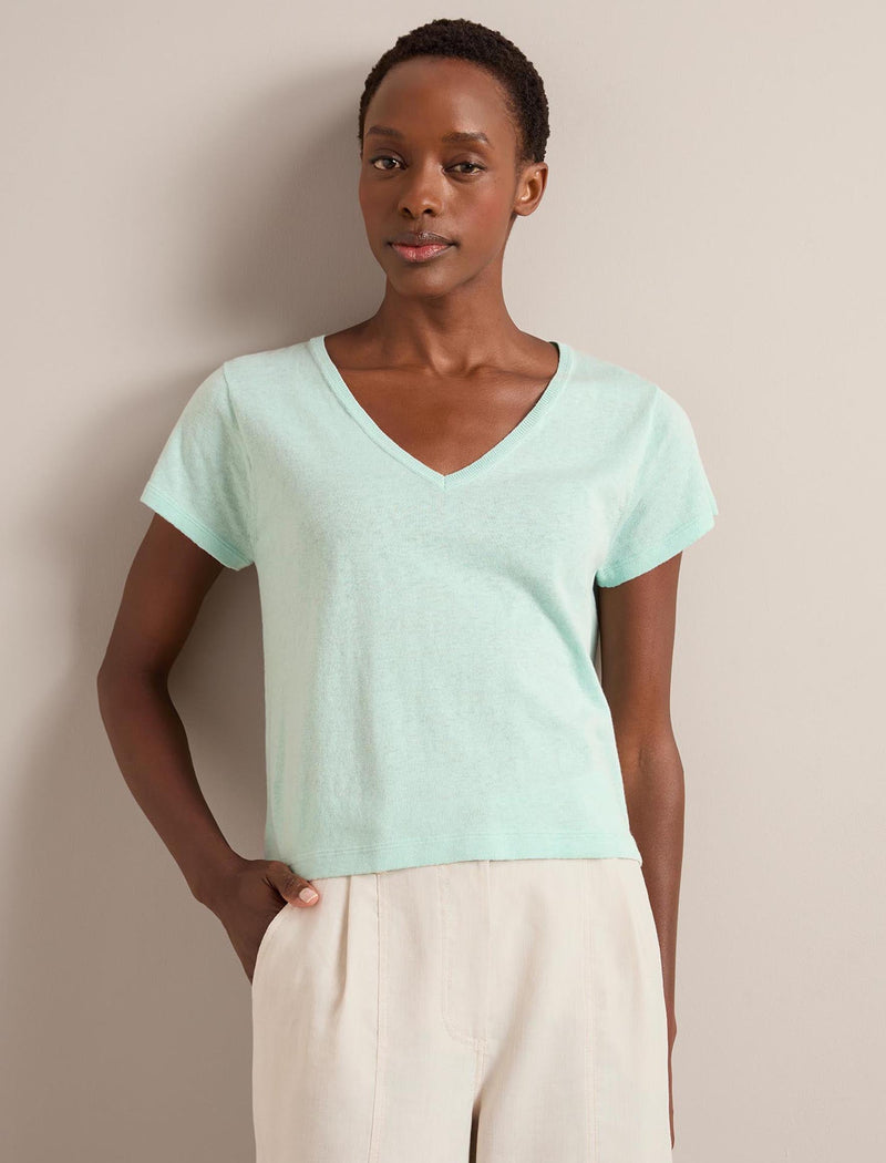 Madison Linen Blend V Neck Knit T-Shirt - Mint