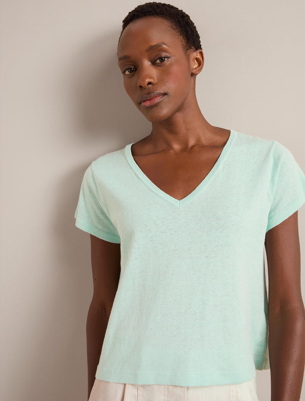 Madison Linen Blend V Neck Knit T-Shirt - Mint
