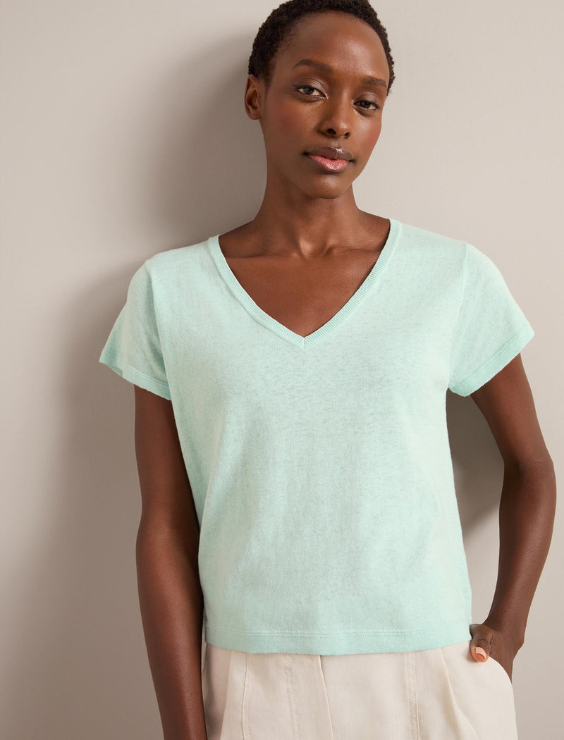 Madison Linen Blend V Neck Knit T-Shirt - Mint