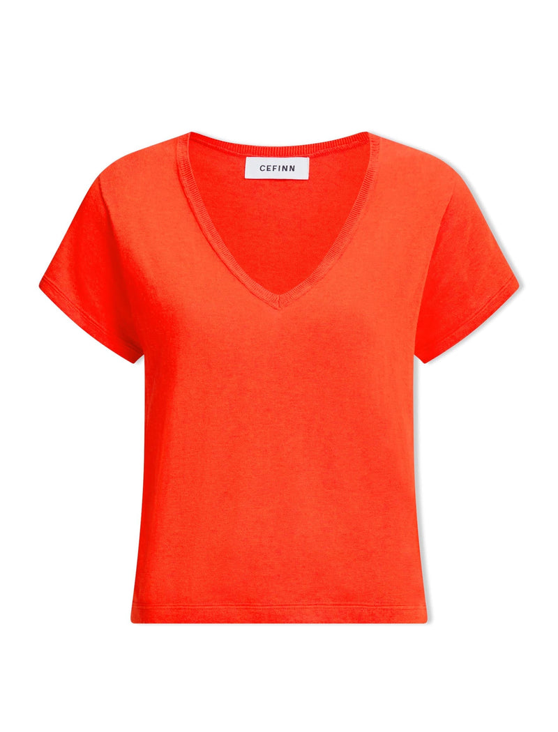 Madison Linen Blend V Neck Knit T-Shirt - Vermillion Red