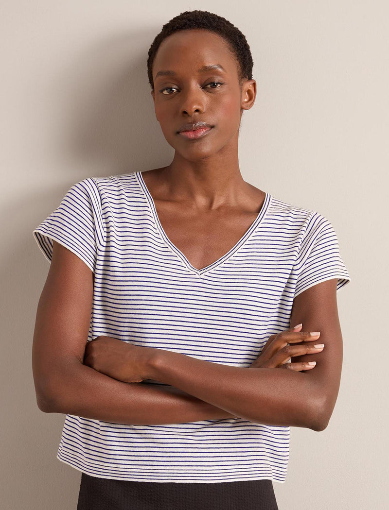 Madison Linen Blend V Neck Knit T-Shirt - White Navy Stripe