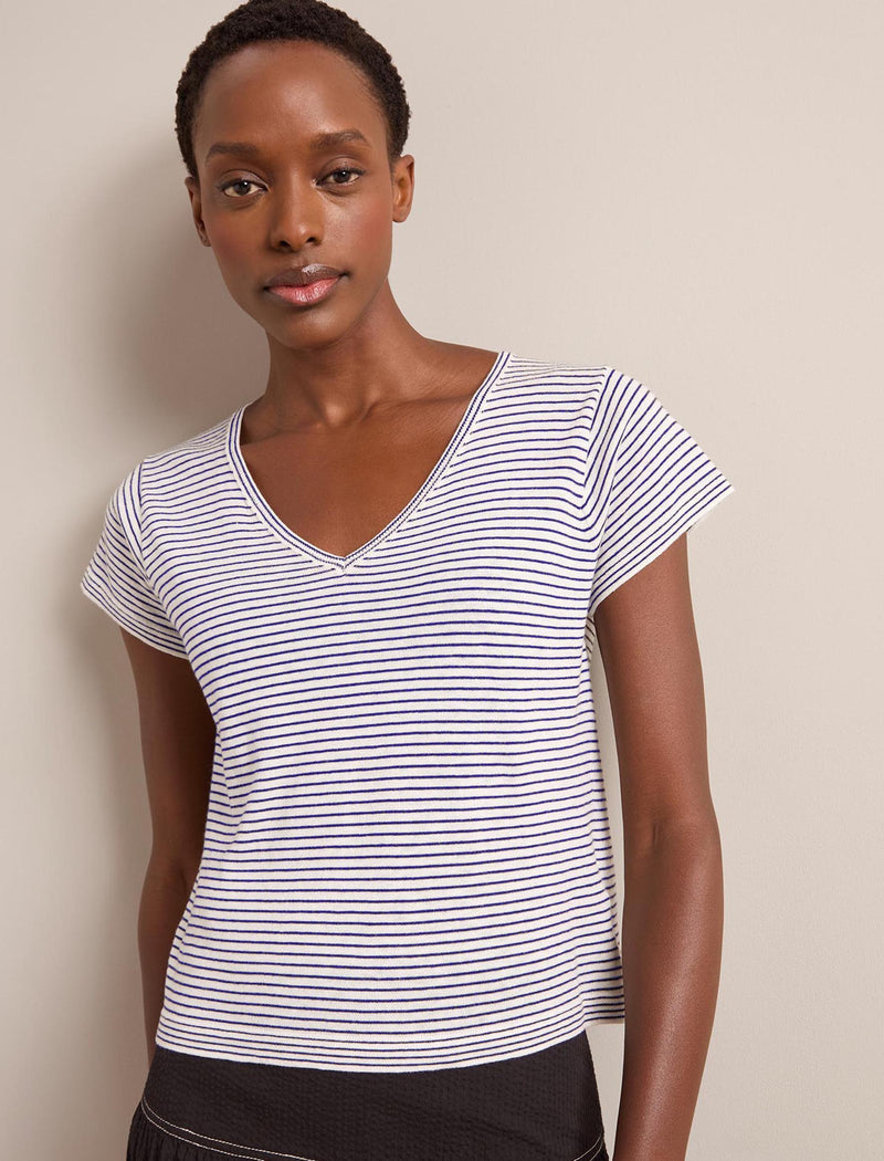 Madison Linen Blend V Neck Knit T-Shirt - White Navy Stripe