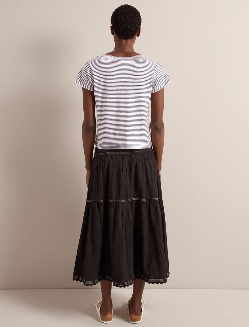 Madison Linen Blend V Neck Knit T-Shirt - White Navy Stripe