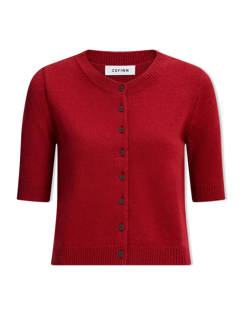 Clara Cashmere Short Sleeve Cardigan - Dark Red