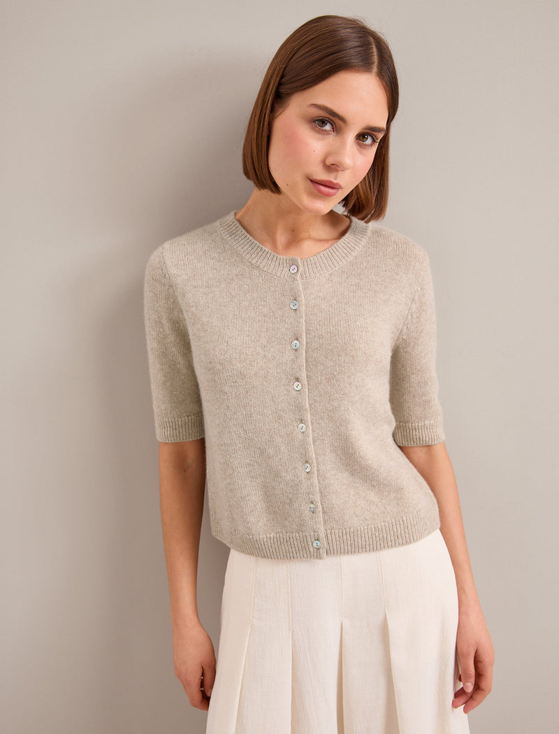 Clara Cashmere Short Sleeve Cardigan - Sand