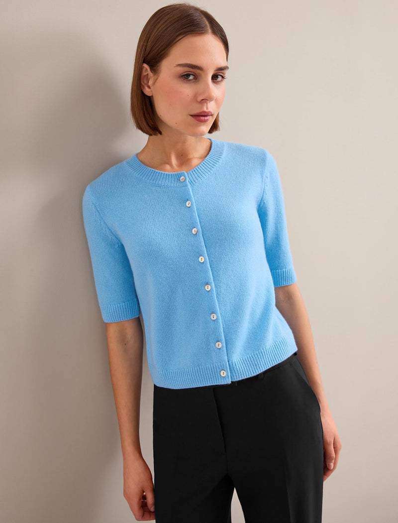 Clara Cashmere Short Sleeve Cardigan - Sky Blue