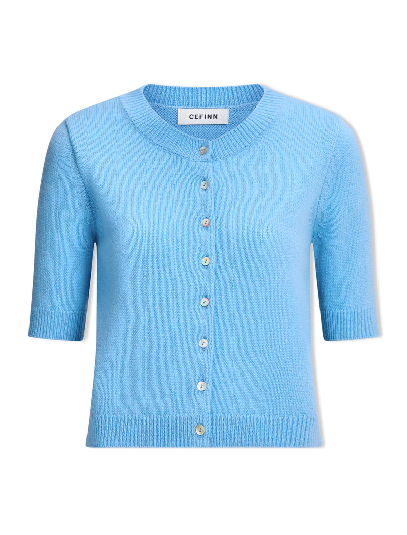 Clara Cashmere Short Sleeve Cardigan - Sky Blue