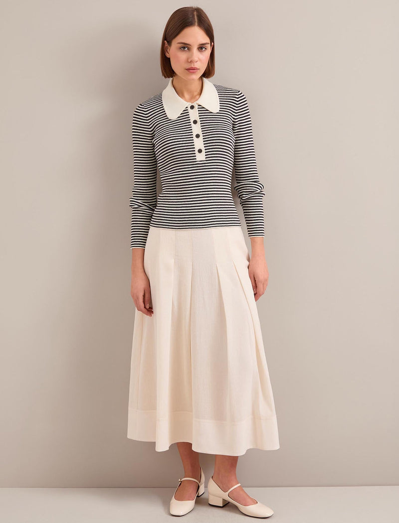 Wilma Cotton Blend Collared Jumper - Ivory Black Stripe