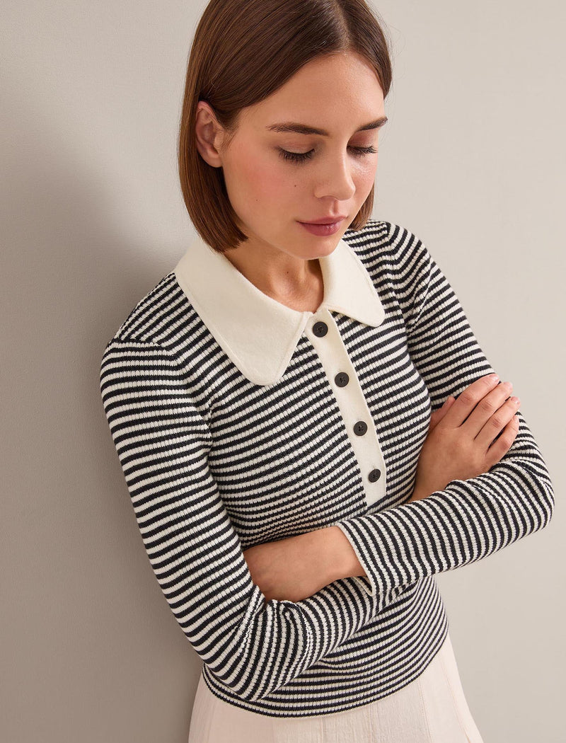 Wilma Cotton Blend Collared Jumper - Ivory Black Stripe