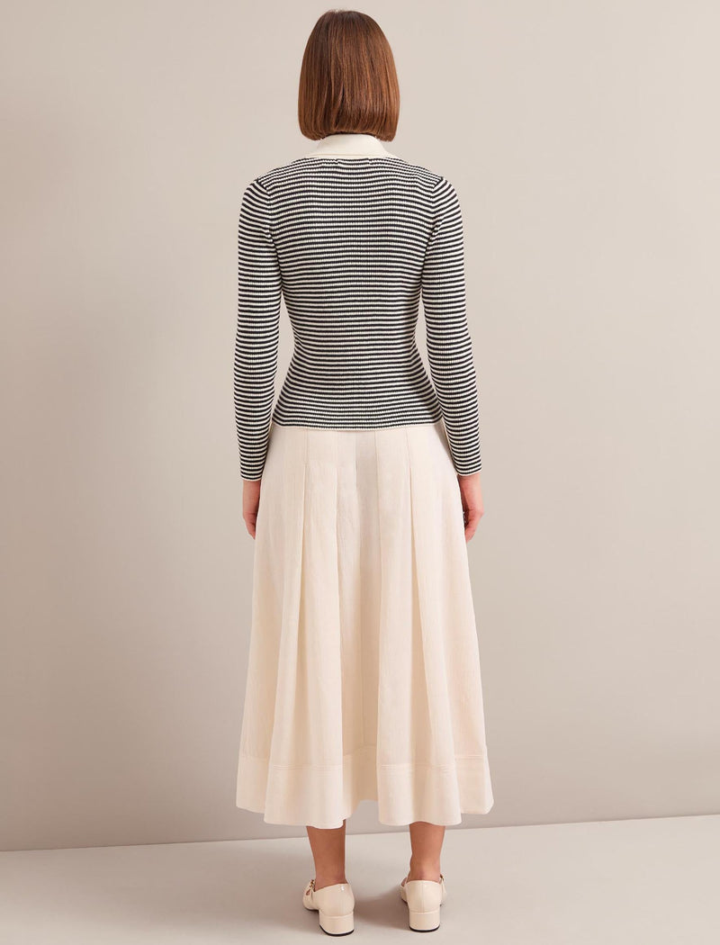 Wilma Cotton Blend Collared Jumper - Ivory Black Stripe