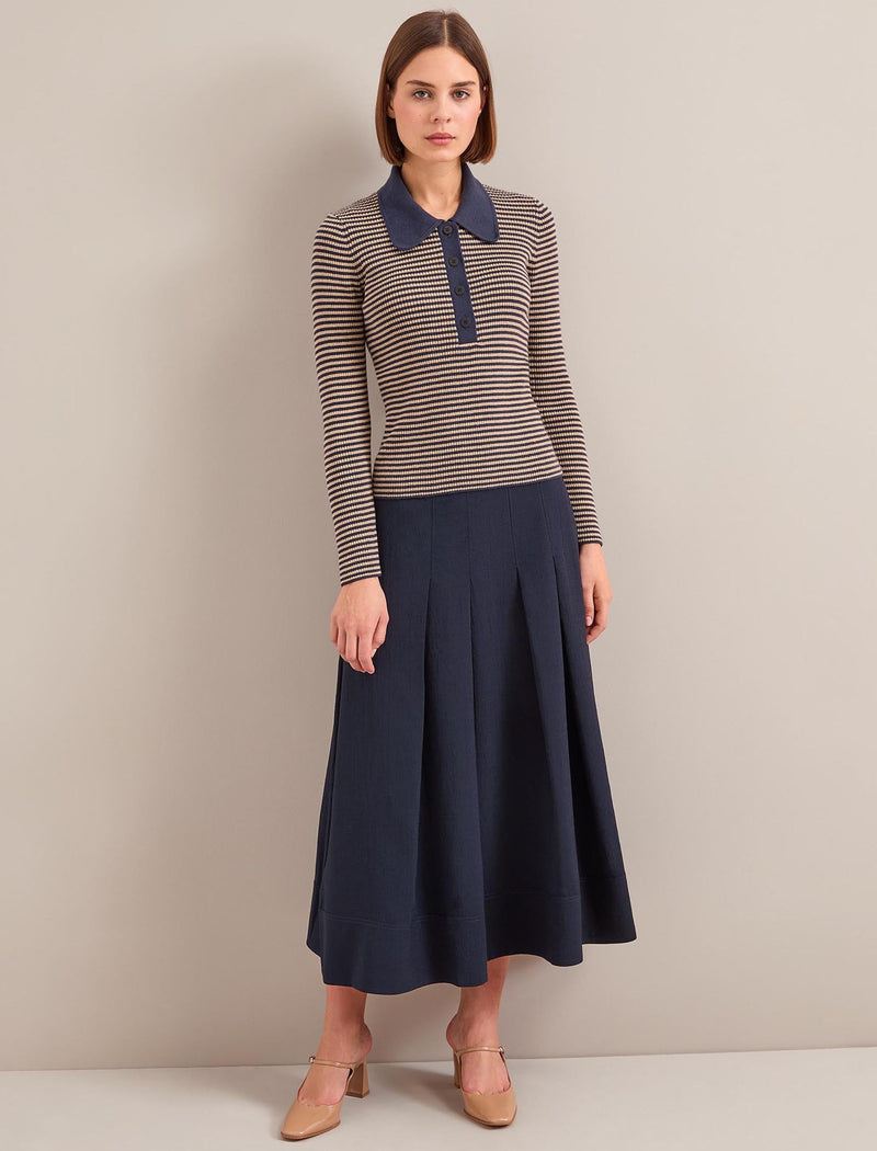 Wilma Cotton Blend Collared Jumper - Navy Beige Stripe