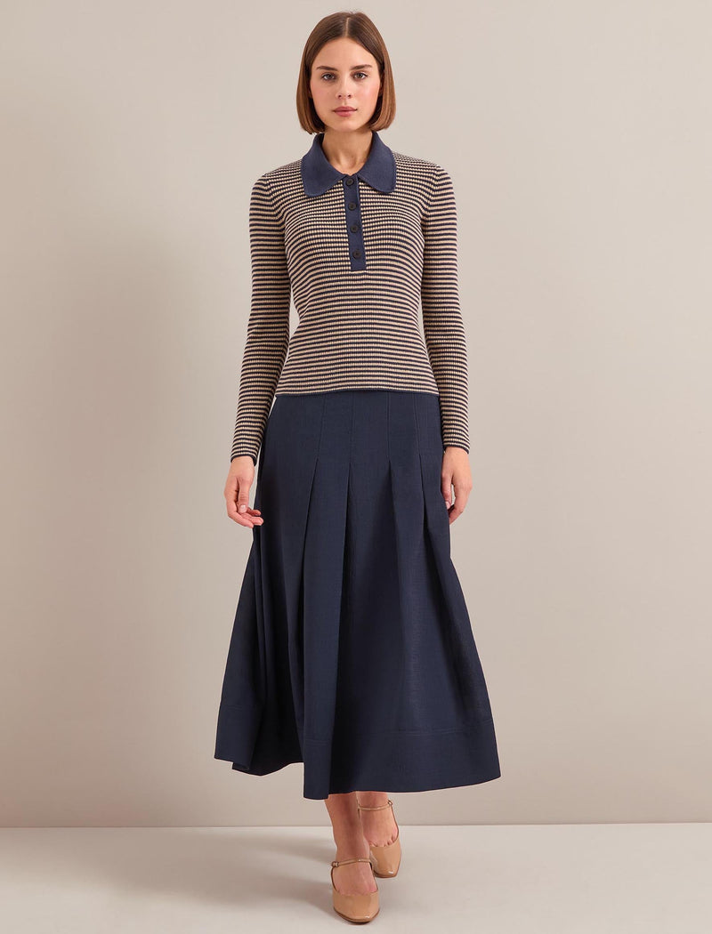 Wilma Cotton Blend Collared Jumper - Navy Beige Stripe