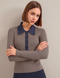 Wilma Cotton Blend Collared Jumper - Navy Beige Stripe