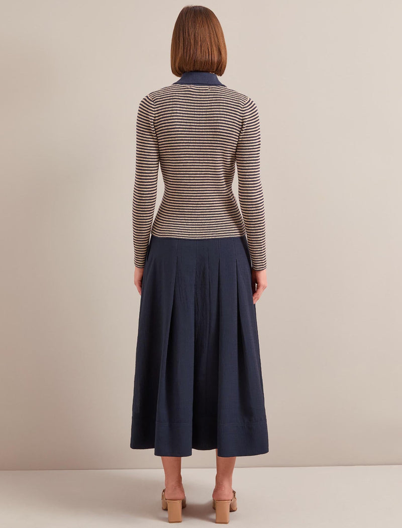 Wilma Cotton Blend Collared Jumper - Navy Beige Stripe