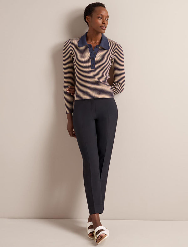 Wilma Cotton Blend Collared Jumper - Navy Beige Stripe