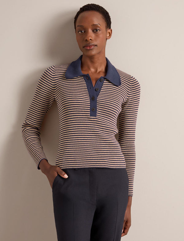 Wilma Cotton Blend Collared Jumper - Navy Beige Stripe