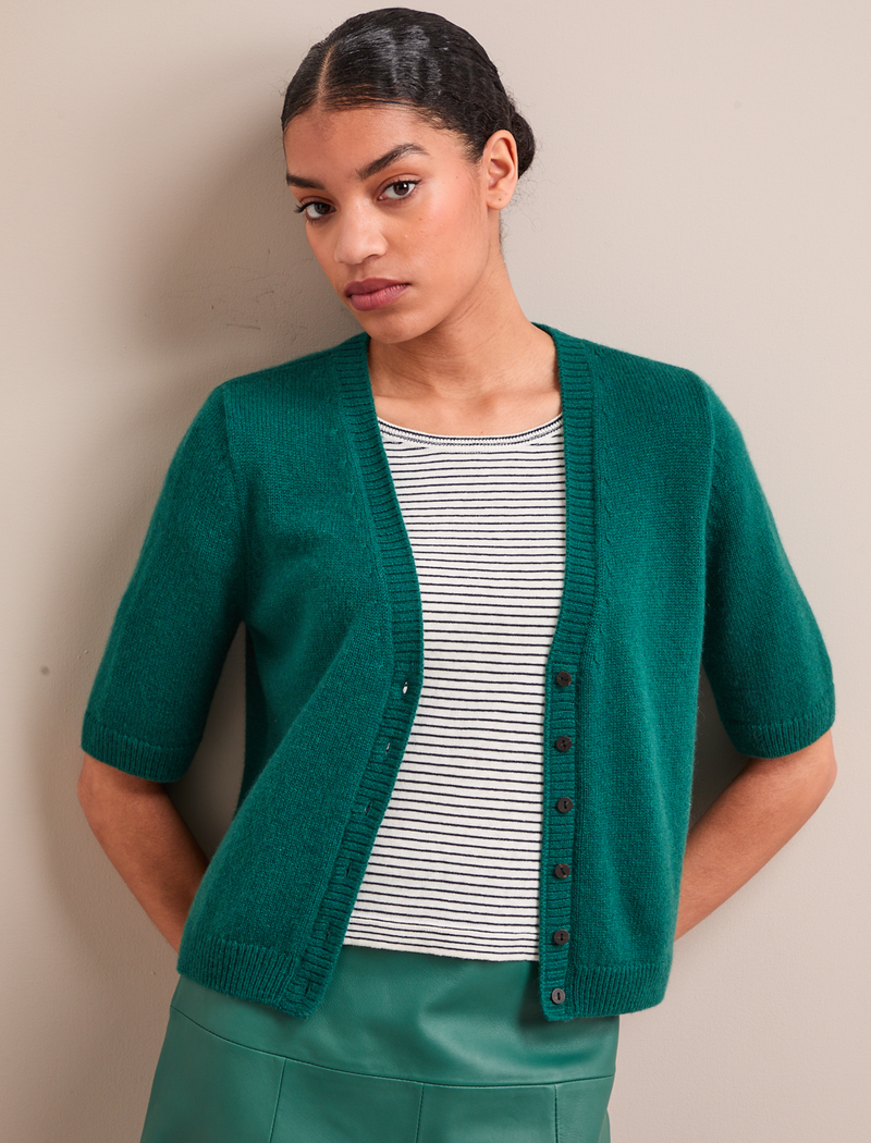 Clara Cashmere Short Sleeve Cardigan - Mid Green