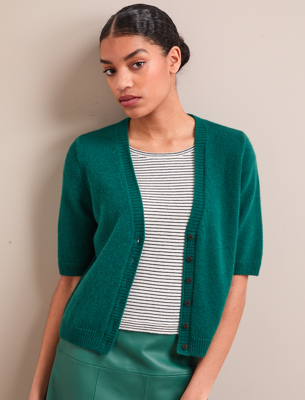 Clara Cashmere Short Sleeve Cardigan - Mid Green