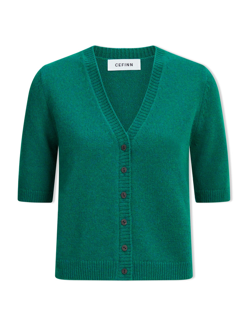 Clara Cashmere Short Sleeve Cardigan - Mid Green