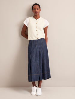 Sophia Denim Pleated Maxi Skirt - Dark Blue