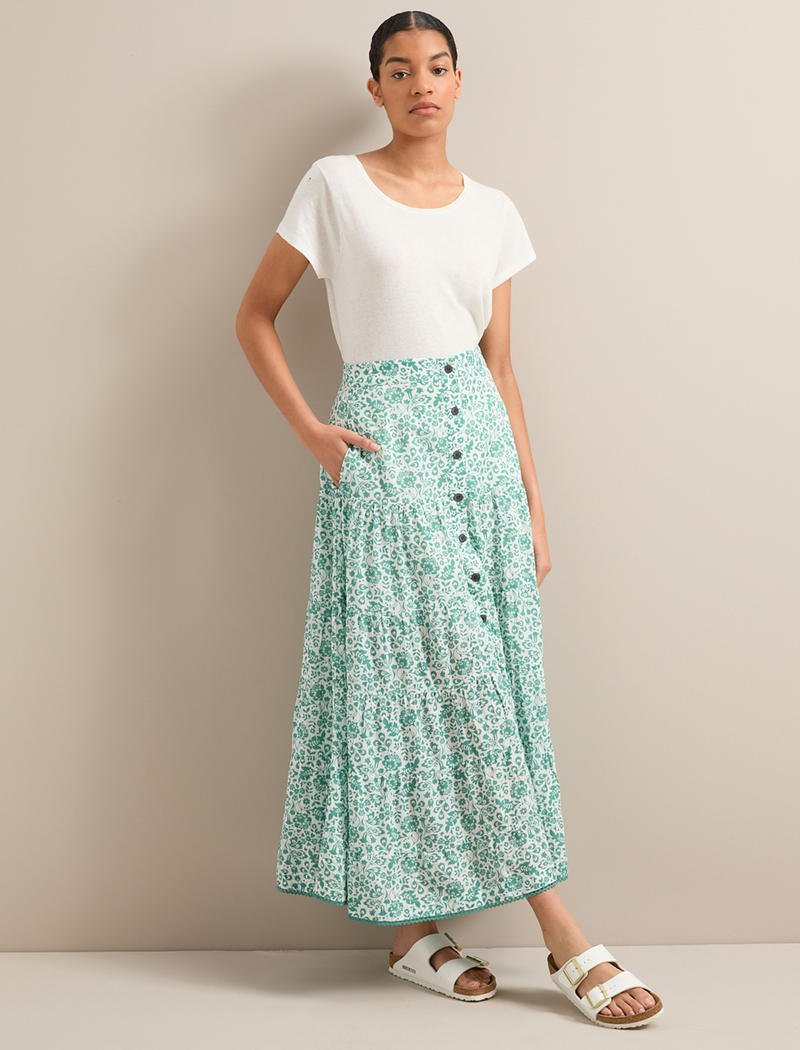 Rita Cotton Blend Maxi Skirt - Green Mono Floral Print