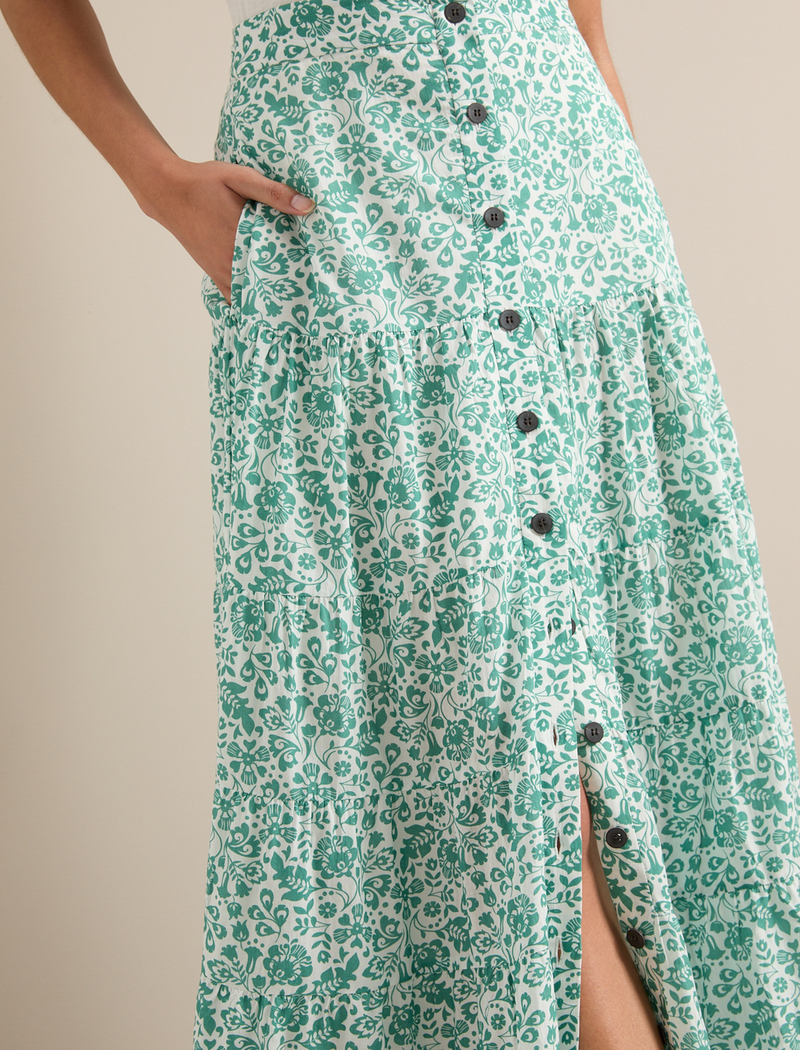 Rita Cotton Blend Maxi Skirt - Green Mono Floral Print