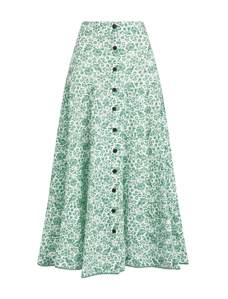 Rita Cotton Blend Maxi Skirt - Green Mono Floral Print