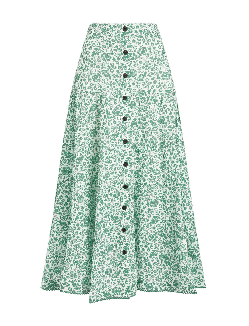 Rita Cotton Blend Maxi Skirt - Green Mono Floral Print