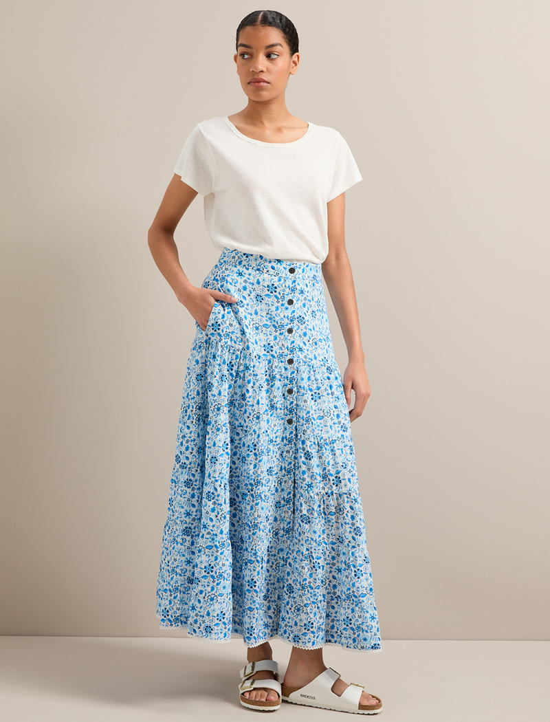 Rita Cotton Blend Maxi Skirt - White Blue Ditsy Carnation Print
