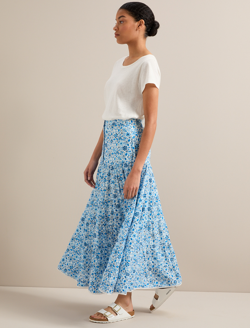 Rita Cotton Blend Maxi Skirt - White Blue Ditsy Carnation Print