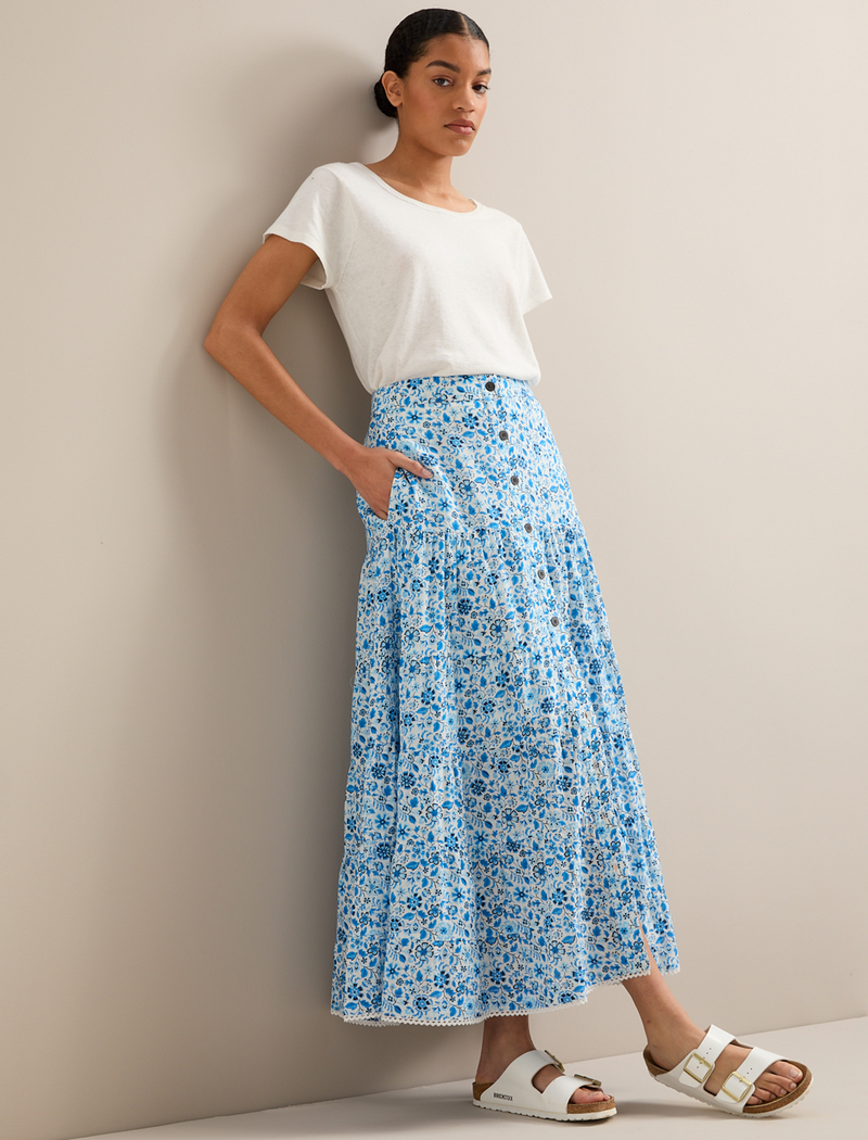 Rita Cotton Blend Maxi Skirt - White Blue Ditsy Carnation Print