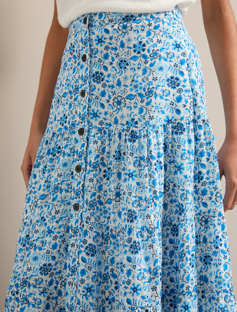 Rita Cotton Blend Maxi Skirt - White Blue Ditsy Carnation Print