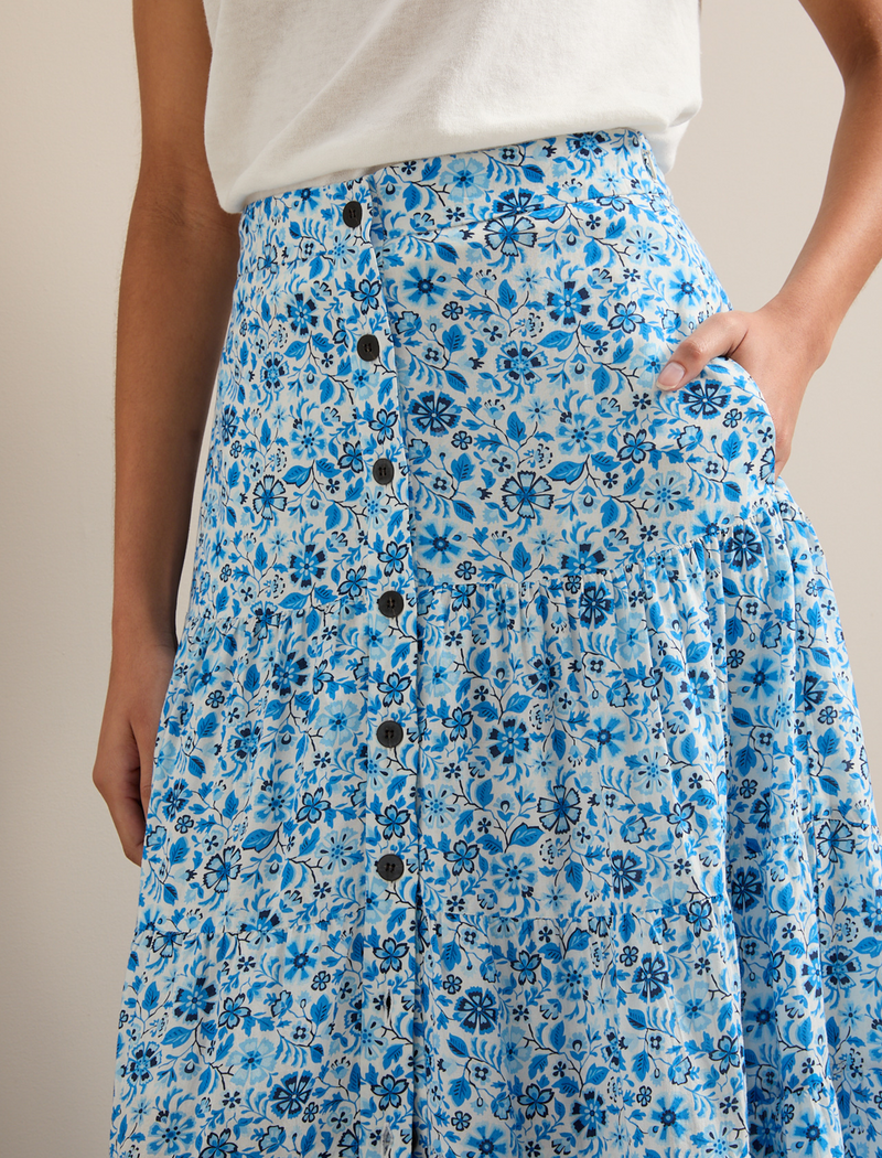 Rita Cotton Blend Maxi Skirt - White Blue Ditsy Carnation Print