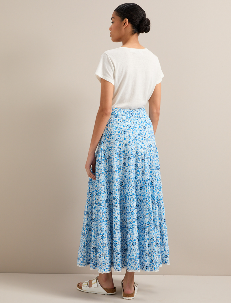 Rita Cotton Blend Maxi Skirt - White Blue Ditsy Carnation Print